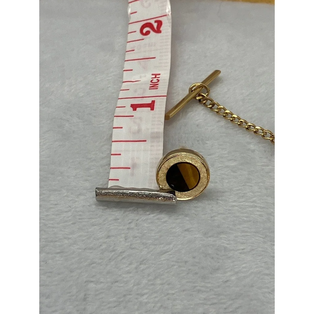 Vtg Gold Tone Tigers Eye/ Onyx Tie Tack Pin Old Money MCM‎ Estate